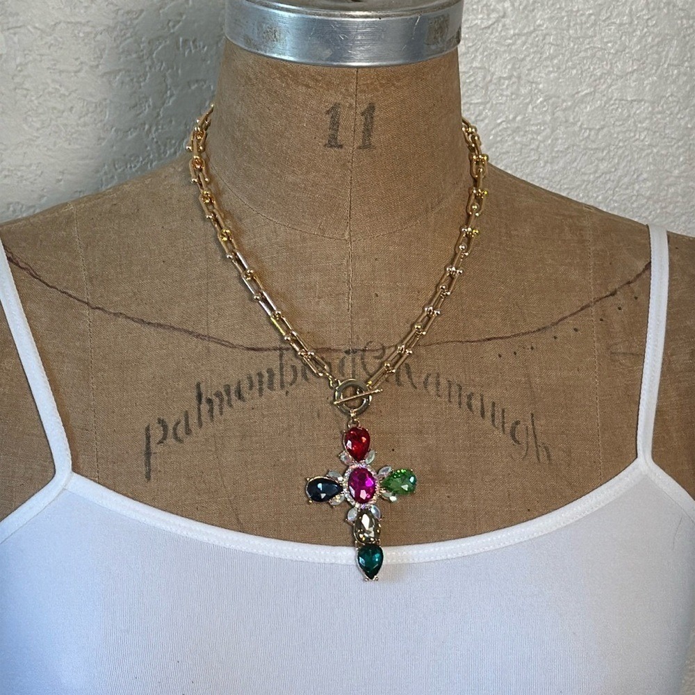 Crystal Cross Necklace Multi-Colored Gold Color Chain Front Clasp Colorful NWT